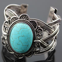 Tibetan Style Cuff Bangle, with Turquoise, Flower, antique silver color plated, lead & cadmium free, 45mm, Inner Diameter:Approx 45mm, Length:Approx 7.5 Inch, 3PCs/Bag, Sold By Bag