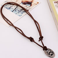 Men Necklace, Cowhide, with Tibetan Style, Flat Oval, antique silver color plated, adjustable & enamel, 3mm, Length:Approx 16 Inch, 2Strands/Lot, Sold By Lot