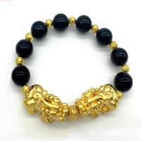 Gemstone Bracelets Brass with Natural Black Obsidian Fabulous Wild Beast 24K gold plated vacuum protective color 12mm Length Approx 8.6 Inch Sold By Lot