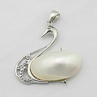 Natural White Shell Pendants, Brass, with White Shell, Swan, platinum color plated, with rhinestone, nickel, lead & cadmium free, 40x44x11mm, Hole:Approx 5x7.5mm, 10PCs/Lot, Sold By Lot