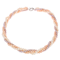 Natūralūs gėlavandenių perlų karoliai, Gėlo vandens perlų, žalvarinis pavasario žiedas sagtimi, Bulvė, natūralus, 3 kryptis, multi-colored, 5-6mm, Parduota už Apytiksliai 19 Inch Strand