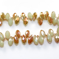 Teardrop Krystal perler, med Glas Seed Beads, halv-belagte, facetteret, Lys Emerald, 6x12mm, Hole:Ca. 0.5mm, Længde Ca. 15 inch, 10Strands/Lot, Ca. 100pc'er/Strand, Solgt af Lot