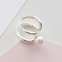 Brass Cuff Finger Ring, with Glass Pearl, real silver plated, 7.5mm, US Ring Size:5, Sold By PC