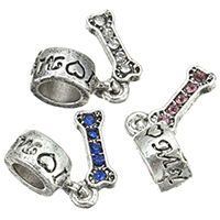 European Style Zinc Alloy Dangle Beads Dog Bone antique silver color plated with letter pattern & without troll & with rhinestone nickel lead & cadmium free  Approx 4.5mm Sold By Lot