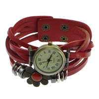 Naiset Watch rannerengas, Lehmänvuota, kanssa sinkin seos dial, päällystetty, emali & 2-nauha, punainen, nikkeli, lyijy ja kadmium vapaa, 27mm,25x25x8mm, Pituus N. 8.5 tuuma, 6PC/erä, Myymät erä