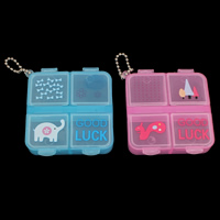 Jewelry Beads Container Plastic with iron chain Square word good luck 4 cells & transparent Sold By PC
