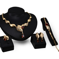 Zinc Alloy Jewelry Sets finger ring & bracelet & earring & necklace stainless steel earring post and Omega clip with 5cm extender chain Leaf gold color plated with cubic zirconia & with rhinestone lead & cadmium free  US Ring .5-8 Length Approx 7 Inch Approx 20 Inch Sold By Set