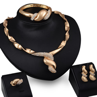 Zinc Alloy Jewelry Sets bangle & finger ring & earring & necklace stainless steel earring post and Omega clip with 5cm extender chain Flower gold color plated with rhinestone lead & cadmium free   Inner Approx 55mm US Ring .5-8 Length Approx 7 Inch Approx 19 Inch Sold By Set