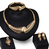Zinc Alloy Jewelry Sets bangle & finger ring & earring & necklace stainless steel earring post and Omega clip Flower gold color plated with rhinestone lead & cadmium free   Inner Approx 55mm US Ring .5-8 Length Approx 7 Inch Approx 16.5 Inch Sold By Set