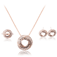 Zinc Alloy Jewelry Sets finger ring & earring & necklace with iron chain stainless steel post pin with 5cm extender chain Flat Round rose gold color plated oval chain & enamel & with rhinestone lead & cadmium free  US Ring .5-8 Length Approx 18 Inch Sold By Set