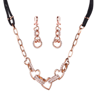 Zinc Alloy Jewelry Sets earring & necklace with Waxed Linen Cord & iron chain stainless steel earring post and Omega clip Heart rose gold color plated oval chain & with rhinestone lead & cadmium free  Length Approx 15 Inch Sold By Set