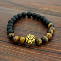 Black Agate Bracelets with Tiger Eye & Zinc Alloy Lion antique gold color plated natural & frosted nickel lead & cadmium free 8mm Sold Per Approx 7 Inch Strand