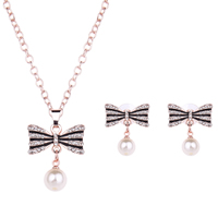 Zinc Alloy Jewelry Sets earring & necklace with ABS Plastic Pearl & plastic earnut & iron chain stainless steel post pin with 5cm extender chain Bowknot rose gold color plated oval chain & enamel & with rhinestone lead & cadmium free  Length Approx 16.5 Inch Sold By Set