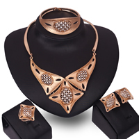 Zinc Alloy Jewelry Sets bangle & finger ring & earring & necklace stainless steel earring post and Omega clip rose gold color plated with rhinestone lead & cadmium free Inner Approx 65mm US Ring Length Approx 6.5 Inch Approx 15.5 Inch Sold By Set