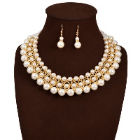 perlas de resina Conjunto de joya, pendiente & collar, con aleación de zinc, con 3lnch extender cadena, chapado en color dorado, 15x65mm, 35mm, longitud aproximado 17.7 Inch, 5Setsset/Grupo, Vendido por Grupo