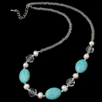 Crystal Necklace with Turquoise & Freshwater Pearl & Brass with 5cm extender chain platinum color plated natural & faceted 6-7mm Sold Per Approx 16.5 Inch Strand
