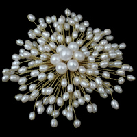 Broche perle d'eau douce, perle d'eau douce cultivée, avec laiton, fleur, Plaqué de couleur d'argent, naturel, 3-4mm, 7-8mm, 86x22mm, Vendu par PC