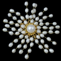 Freshwater Pearl Broche, Ferskvandsperle, med Messing, Flower, antik sølv farve forgyldt, naturlige & kan bruges som broche eller vedhæng, 4-5mm, 11-12mm, 77x17mm, Hole:Ca. 10x5mm, Størrelse:1, Solgt af PC