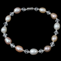 Sötvatten odlade Pearl Bracelet, Freshwater Pearl, med Kristall, mässing magnetlås, naturlig, flerfärgad, 6-7mm, Såld Per Ca 7 inch Strand
