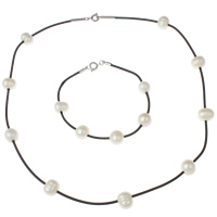 Naturliga Odlade Sötvatten Pearl Jewelry Sets, armband & halsband, Freshwater Pearl, med Silikon, mässing fjäder ring spänne, vit, 9-10mm, Längd Ca 19.5 inch, Ca 7.5 inch, Säljs av Ställ