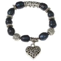 Freshwater Cultured Pearl Bracelet Freshwater Pearl with Brass Heart antique silver color plated dyed & charm bracelet & hollow black 9-10mm Sold Per Approx 7 Inch Strand