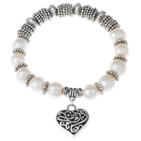 Freshwater Cultured Pearl Bracelet Freshwater Pearl with Brass Heart antique silver color plated natural & charm bracelet & hollow white 9-10mm Sold Per Approx 7 Inch Strand