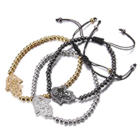 Brass Woven Ball Bracelets with Nylon Cord Hamsa plated Islamic jewelry & adjustable & high quality plating and never fade & micro pave cubic zirconia nickel lead & cadmium free Length Approx 5.5-8.5 Inch Sold By Lot