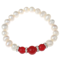 Freshwater Cultured Pearl Bracelet Freshwater Pearl with rhinestone brass spacer & Red Agate natural white 6-7mm Sold Per Approx 6 Inch Strand