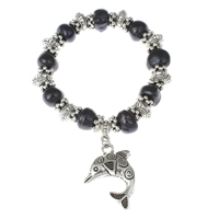 Freshwater Cultured Pearl Bracelet Freshwater Pearl with Brass Dolphin antique silver color plated dyed & charm bracelet black 8-9mm Sold Per Approx 6 Inch Strand