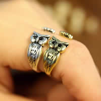 Zinc Alloy Cuff Finger Ring Owl plated with rhinestone lead & cadmium free 17mm US Ring Sold By Bag