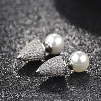Double Faced Stud Earring Brass with South Sea Shell platinum plated micro pave cubic zirconia nickel lead & cadmium free 15mm Sold By Pair