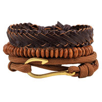 Cowhide Bracelet Set with Waxed Cotton Cord & Nylon Cord & Wood & Zinc Alloy Pirate Fishhook gold color plated nautical pattern & adjustable Length Approx 7-7.9 Inch Sold By Set