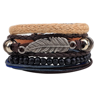 Cowhide Bracelet Set with Waxed Cotton Cord & Linen & PU Leather & Wood & Zinc Alloy Feather antique silver color plated adjustable Length Approx 7-7.9 Inch Sold By Set