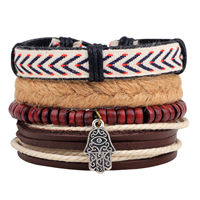 Cowhide Bracelet Set with Waxed Cotton Cord & Linen & Wood & Zinc Alloy Evil Eye Hamsa antique silver color plated charm bracelet & Islamic jewelry & adjustable Length Approx 7-7.9 Inch Sold By Set