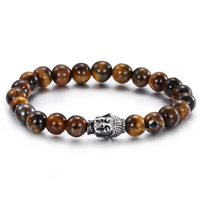 Wrist Mala Tiger Eye with Stainless Steel Buddha natural blacken 8mm Sold Per Approx 9.5 Inch Strand