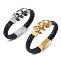 Men Bracelet Cowhide with Stainless Steel Skull plated blacken 23mm Sold Per Approx 9 Inch Strand