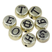 Perles acrylique alphabet, Plat rond, Plaqué de couleur d'or antique, modèle mixte & avec le motif de lettre, 7x4mm, Trou:Environ 1mm, Environ 3000PC/sac, Vendu par sac