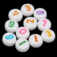 Número Acrílico Bead, acrilico, com padrão de número & misto & cor sólida, branco, 7x4mm, Buraco:Aprox 1mm, Aprox 3000PCs/Bag, vendido por Bag