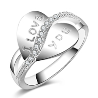 Cúbicos Circonia Micro Pave anillo de latón, metal, Corazón, palabra te amo, chapado en plata real, micro arcilla de zirconia cúbica, libre de plomo & cadmio, 17mm, tamaño:8, Vendido por UD