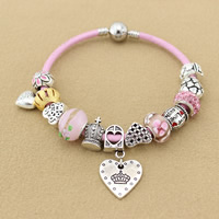 European Bracelet Zinc Alloy with Rhinestone Clay Pave & PU Leather & Lampwork Heart plated & enamel nickel lead & cadmium free Sold By Strand