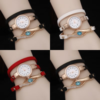 Wrap Watch, PU Leather, with Crystal & Glass & Tibetan Style, gold color plated, 3-strand & with rhinestone, more colors for choice, nickel, lead & cadmium free, 30mm, 10mm, Sold Per Approx 24.4 Inch Strand