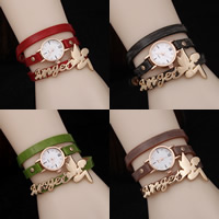 Wrap Watch, PU Leather, with Glass & Tibetan Style, Angel, word angel, gold color plated, 3-strand & with rhinestone, more colors for choice, nickel, lead & cadmium free, 30mm, 20mm, Sold Per Approx 24.4 Inch Strand