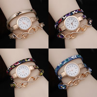 Wrap Watch PU Leather with Glass & Zinc Alloy gold color plated with flower pattern &  & with rhinestone nickel lead & cadmium free 30mm 20mm Sold Per Approx 24.4 Inch Strand