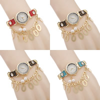 Women Watch Bracelet Zinc Alloy with PU Leather & Glass & Plastic Pearl with 1.5lnch extender chain gold color plated with rhinestone nickel lead & cadmium free 25mm 15mm Sold Per Approx 9.5 Inch Strand