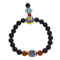 Wrist Mala Black Agate with Nylon Cord & Red Agate & Zinc Alloy Flower gold color plated imitation cloisonne & Buddhist jewelry & enamel & hollow 8mm Sold Per Approx 6 Inch Strand