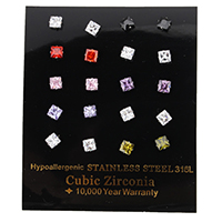 Cubic Zircon (CZ) Stud Earring Stainless Steel Square with cubic zirconia & faceted mixed colors Sold By Box