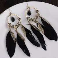 Fashion Feather Earring Zinc Alloy with Feather iron earring hook antique gold color plated lead & cadmium free 111mm Sold By Pair