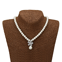 Glass Pearl Necklace with Zinc Alloy Flower platinum color plated with rhinestone  Length Approx 18 Inch Sold By Lot