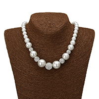 Glass Pearl Necklace with Rhinestone Clay Pave Bead zinc alloy lobster clasp with 2lnch extender chain platinum color plated graduated beads 9-15.5x10-16mm 9-18x10-18mm Length Approx 18 Inch Sold By Lot