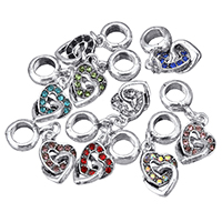 European Style Zinc Alloy Dangle Beads Heart antique silver color plated without troll & with rhinestone nickel lead & cadmium free 27mm Approx 5mm Sold By Lot